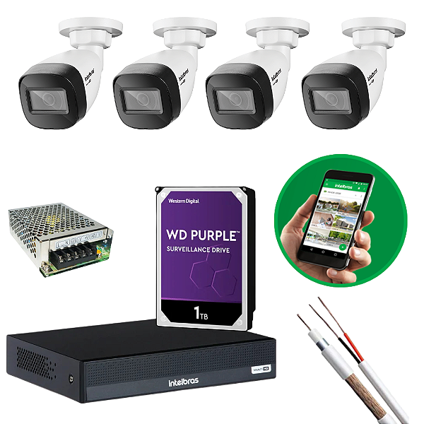 KIT COMPLETO CÂMERAS INTELBRAS (4 CÂMERAS + GRAVADOR)