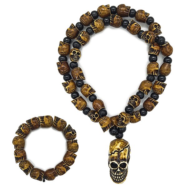 Colar Guia De Caveira Com Pulseira Marrom/Preto