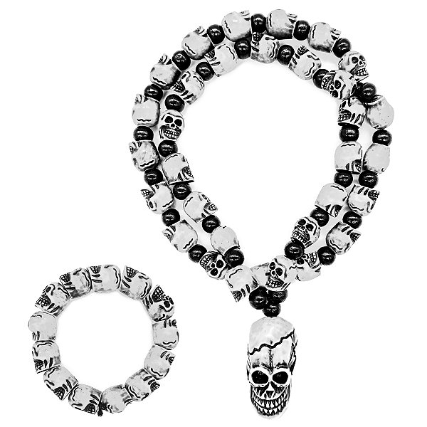 Colar Guia De Caveira Com Pulseira Branco/Preto