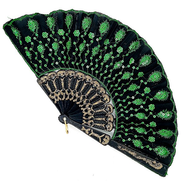 Leque Simples Preto/Verde Cigana Com Paete E Renda