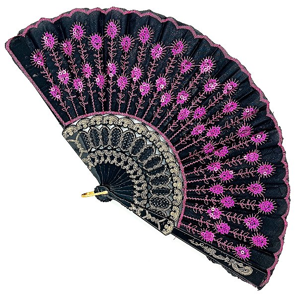 Leque Simples Preto/Rosa Cigana Com Paete E Renda