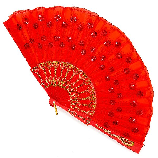 Leque Simples Vermelho Cigana Com Paete E Renda