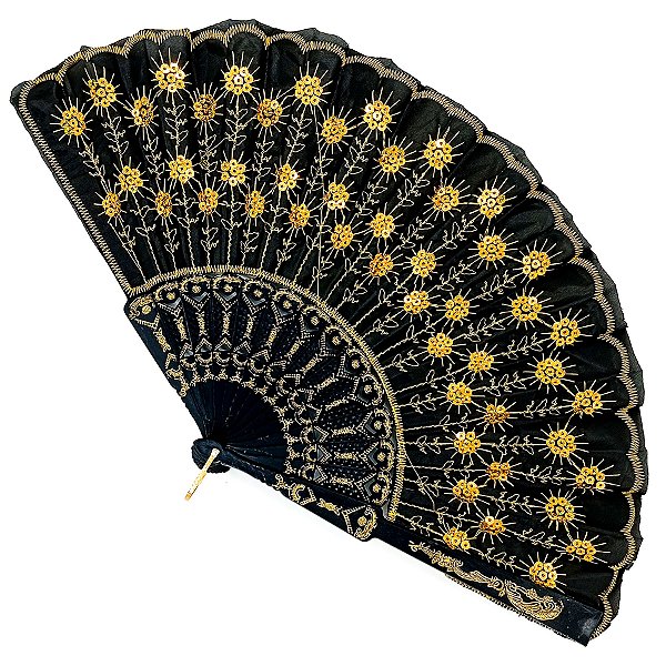 Leque Simples Preto/Amarelo Cigana Com Paete E Renda