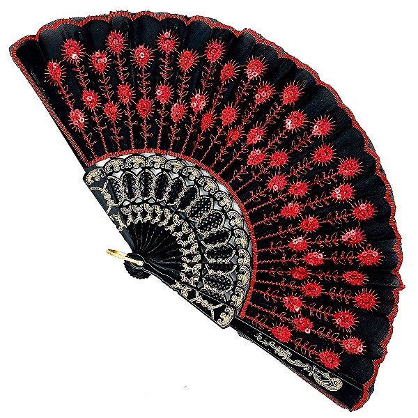 Leque Simples Preto/Vermelho Cigana Com Paete E Renda
