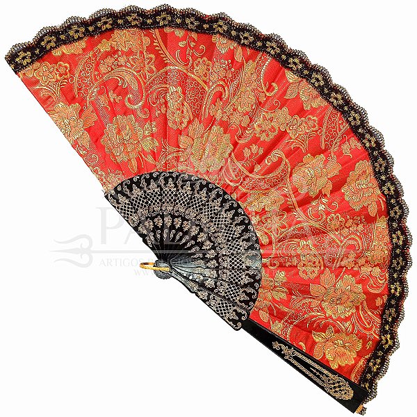 Leque Grande De Luxo Cigana Vermelho/Dourado Com Renda