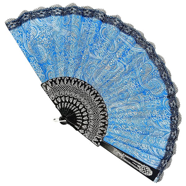 Leque Grande De Luxo Cigana Azul Com Renda