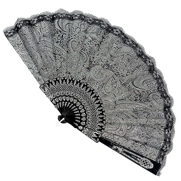 Leque Grande De Luxo Cigana Preto/Prata Com Renda