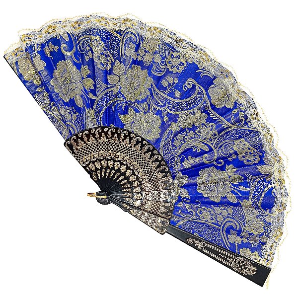 Leque Grande De Luxo Cigana Azul Marinho/Preto Com Renda