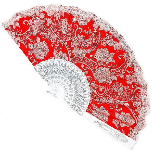Leque Grande De Luxo Cigana Vermelho/Branco Com Renda