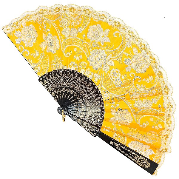Leque Grande De Luxo Cigana Amarelo Com Renda