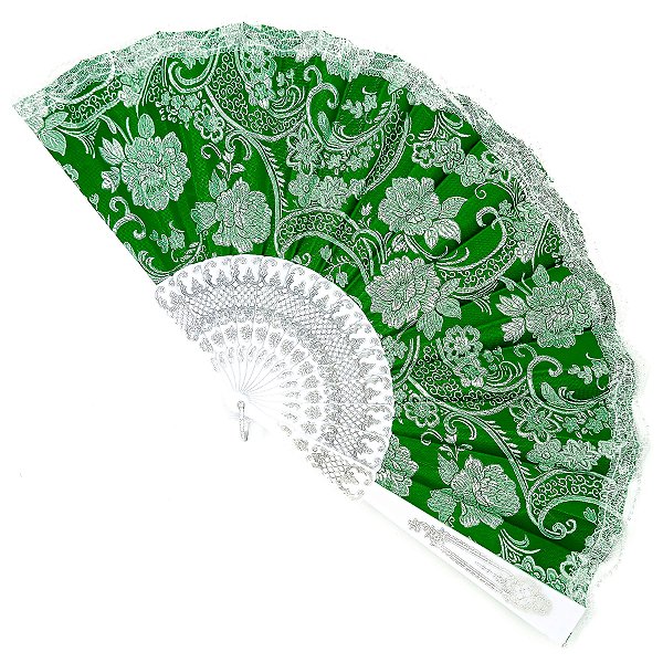 Leque Grande De Luxo Cigana Branco/Verde Com Renda
