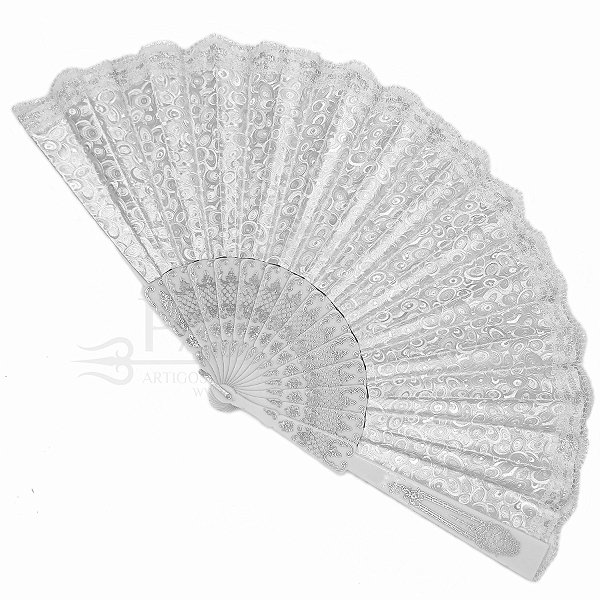 Leque Grande De Luxo Cigana Prata Com Renda