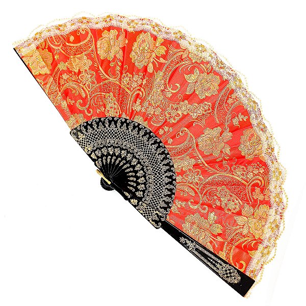 Leque Grande De Luxo Cigana Vermelho Com Renda