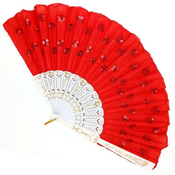 Leque Simples Vermelho/Branco Cigana Com Paete E Renda