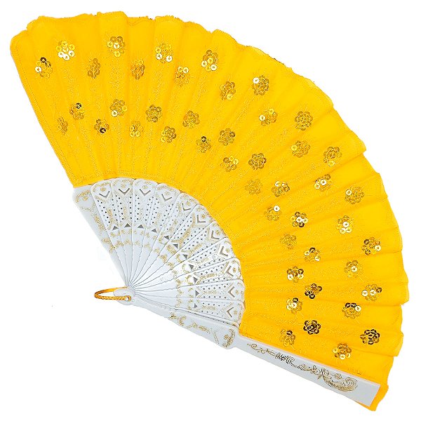 Leque Simples Amarelo/Branco Cigana Com Paete E Renda
