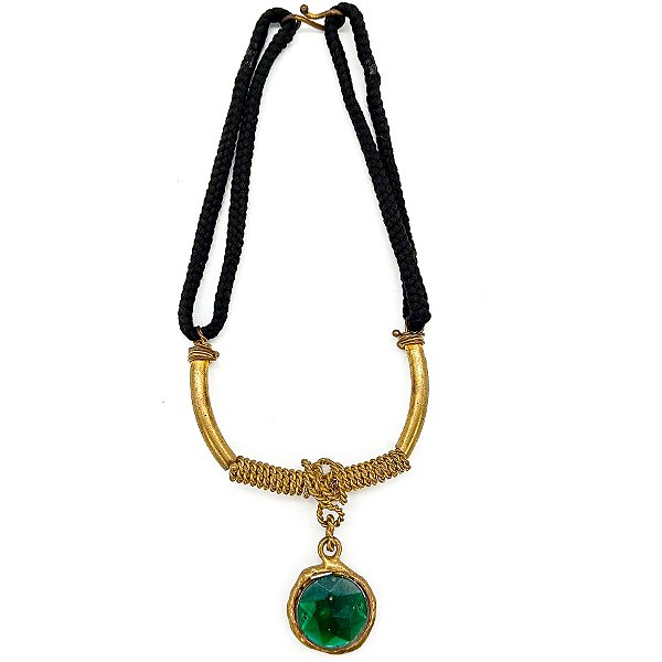 Colar Cigano Medalhão Verde Flor Com Pedraria Cordão E Fecho