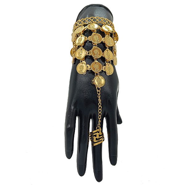 Pulseira Bracelete Moedas Cigana Odalisca C/ Corrente E Anel