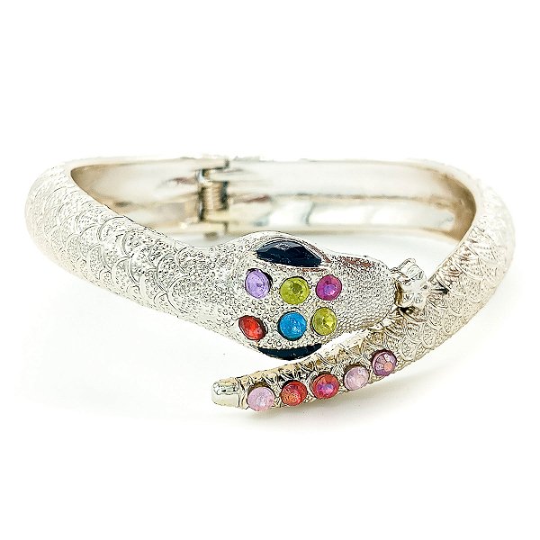 Pulseira Cobra Prata Com Pedraria Colorida