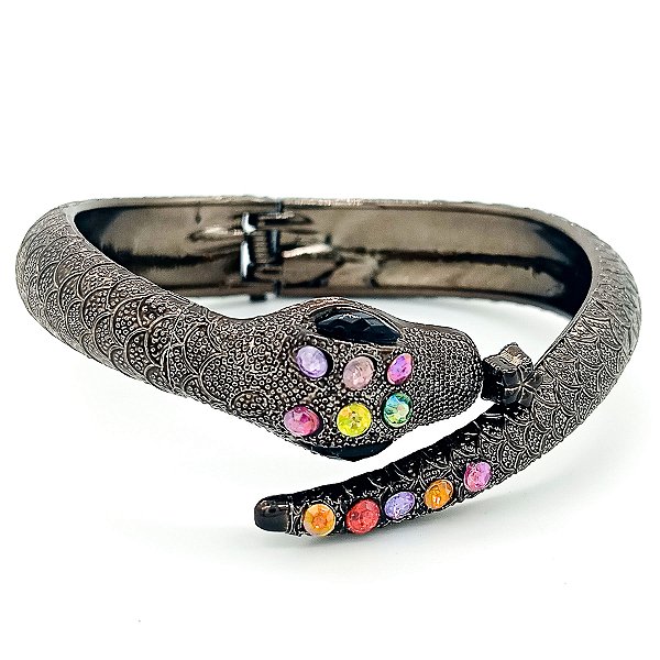 Pulseira Cobra Chumbo Com Pedraria Colorida