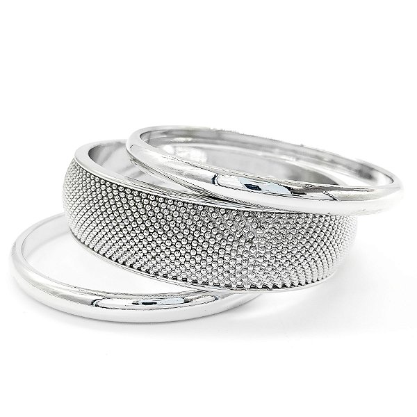 Pulseira Prata Trio Bracelete Largo Com Textura