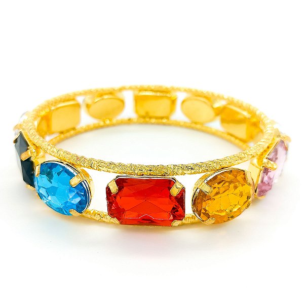 Pulseira Bracelete Dourado Com Pedraria Colorida