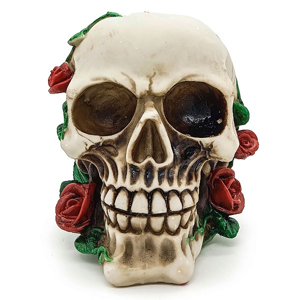 Estatueta Cranio De Caveira C/ Rosas Em Resina 11Cm