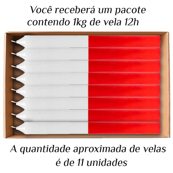 KIT 11 Velas Grande 12H De Parafina 1Kg Branco/Vermelho
