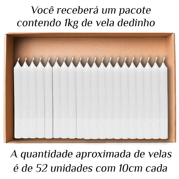 KIT 52 Velas Palito Dedinho 10,5Cm Parafina Branca 1Kg