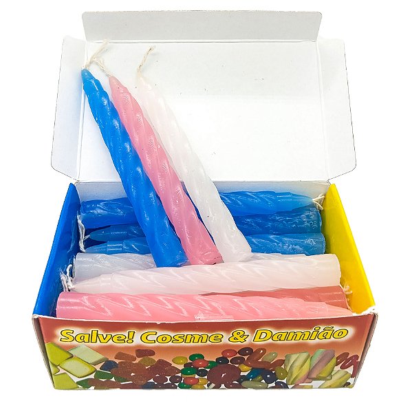 Vela Pequena Especial Cosme E Damião Branco/Azul/Rosa