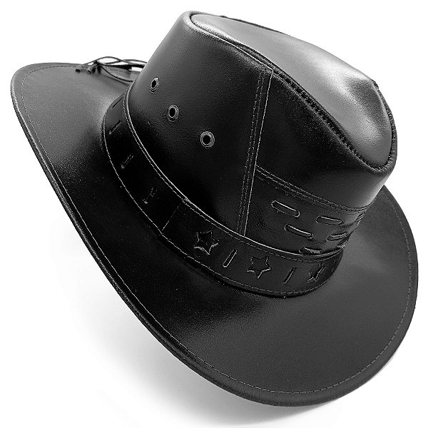 Chapéu Boiadeiro Em Couro Vaqueiro Country Preto
