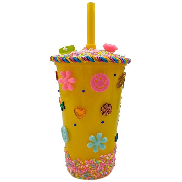 Copo Enfeitado P/ Erê Criança Diversos 500Ml Amarelo