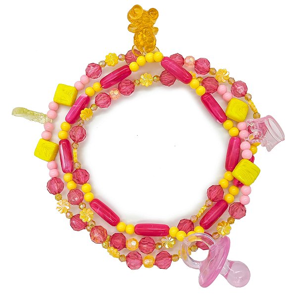 Guia Fio P/ Erê Criança De Umbanda C/ Pingentes Amarelo/Rosa+Chupeta Rosa