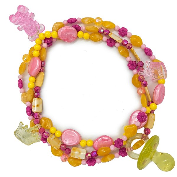 Guia Fio P/ Erê Criança De Umbanda C/ Pingentes Amarelo/Rosa+Chupeta Amarela