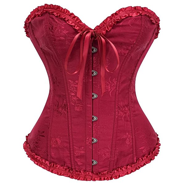 Corset Feminino Jacquard Bordo C/ Hastes e Amarração Ajustável C/ Busto