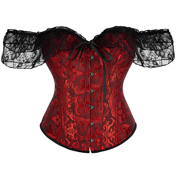Corset Feminino Jacquard Preto/Vermelho C/ Hastes e Amarração Ajustável C/ Busto