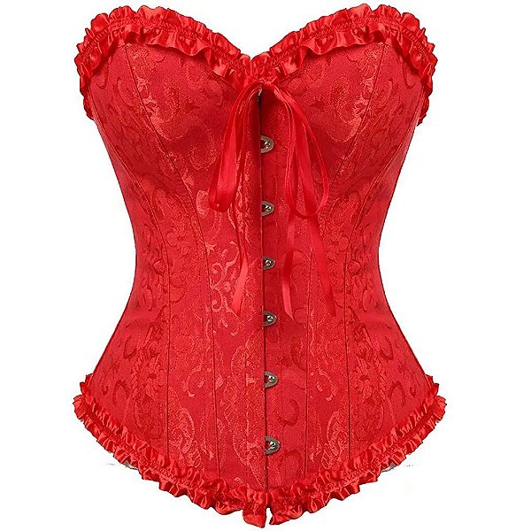Corset Feminino Jacquard Vermelho C/ Hastes e Amarração Ajustável C/ Busto