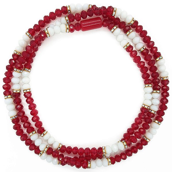 Guia de Cristal C/ Entremeios Strass e Firma Vermelho/Branco