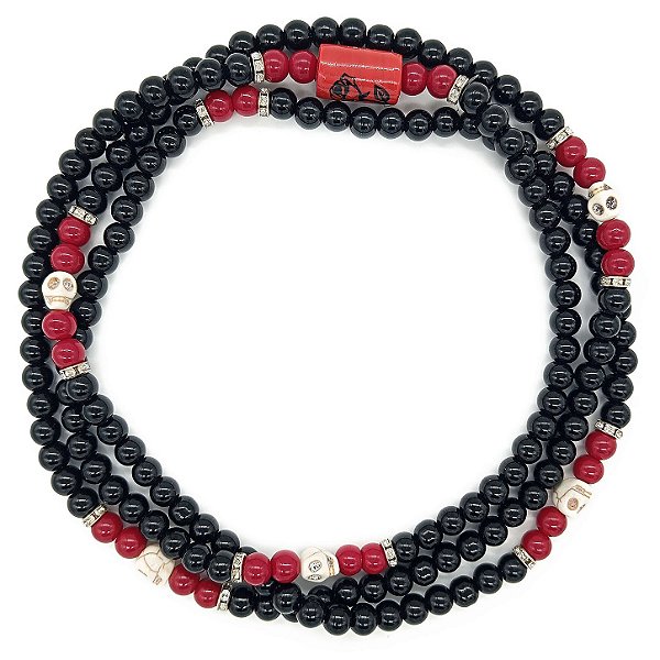 Guia Porcelana 8mm C/ Entremeio de Caveira Vermelho/Preto/Caveira Marfim