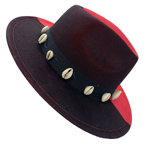 Chapéu Kimbanda C/ Búzios Bicolor Vermelho/Preto Feltro Exu