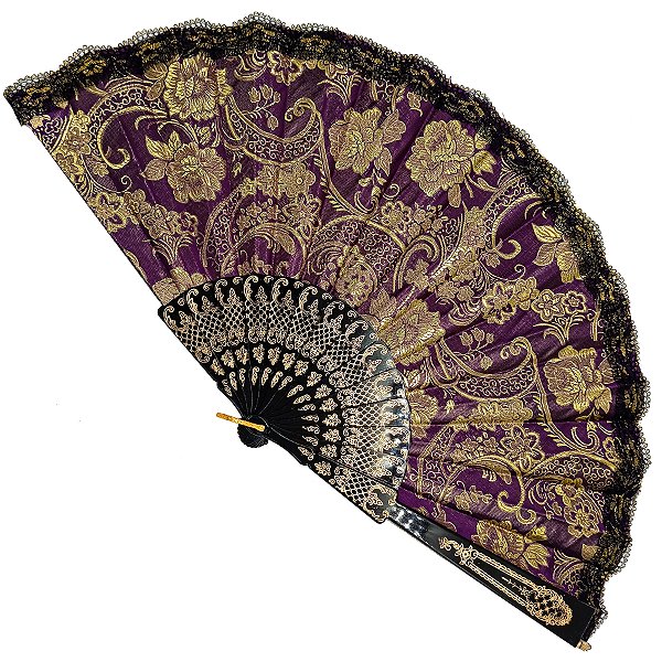 Leque Grande De Luxo Cigana Roxo/Dourado Com Renda