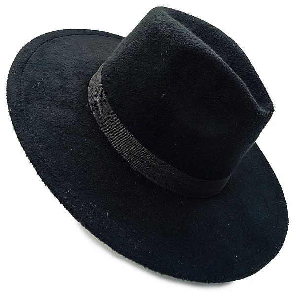 Chapéu Camurça Feltro Preto Aba Larga C/ Fita Preta