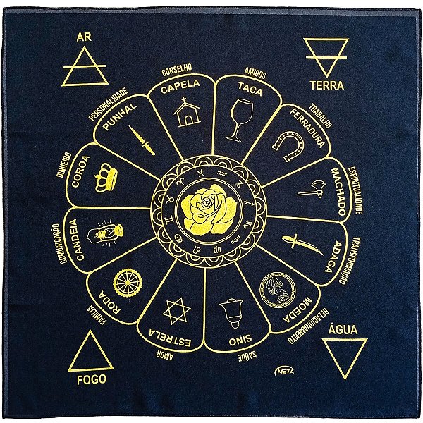 Toalha Para Leitura De Tarot Estampada Preto/Dourado Roda Fortuna Cigana