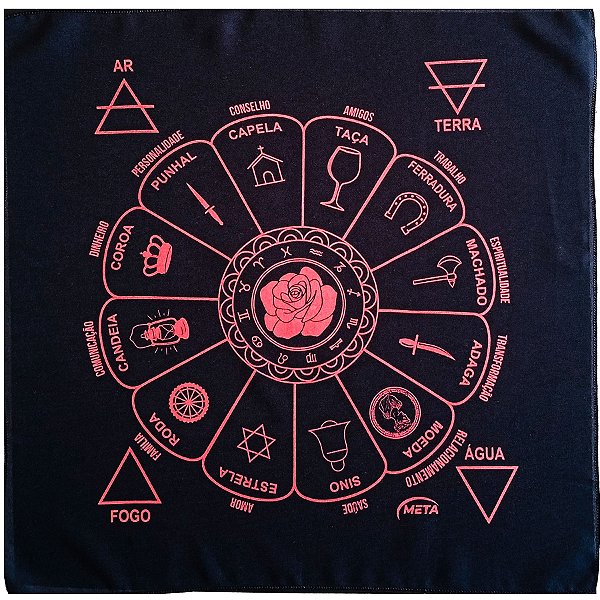 Toalha Para Leitura De Tarot Estampada Preto/Vermelho Roda Fortuna Cigana
