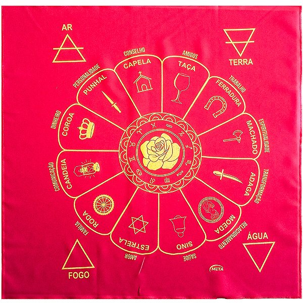 Toalha Para Leitura De Tarot Estampada Vermelho/Dourado Roda Fortuna Cigana