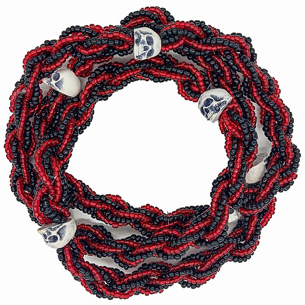 Guia Missanga Brajá Torcido Caveira Preto/Vermelho Miçanga Cristal 8 Fios com 7 Firmas