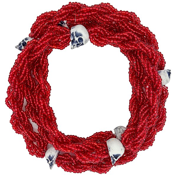 Guia Missanga Brajá Torcido Caveira Vermelho Miçanga Cristal 8 Fios com 7 Firmas