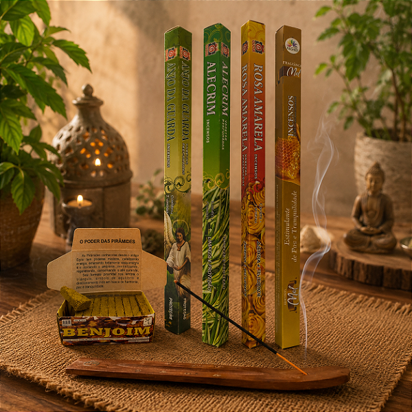 Kit Completo de Incensos com Incensário de Madeira Aromas para Energia, Proteção e Bem-Estar
