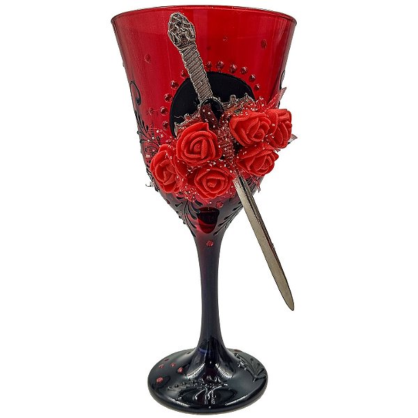 Taça Vermelha Decorada C/ Rosas e Punhal P/ Pombagira
