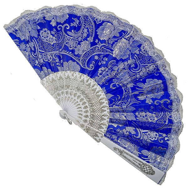 Leque Grande De Luxo Cigana Branco/Marinho Com Renda