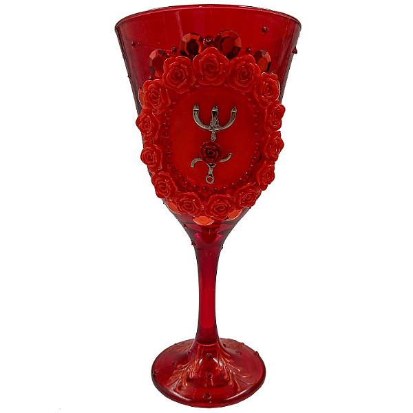 Taça Vermelha Decorada C/ Tridente Rosas e Glitter P/ Pombagira